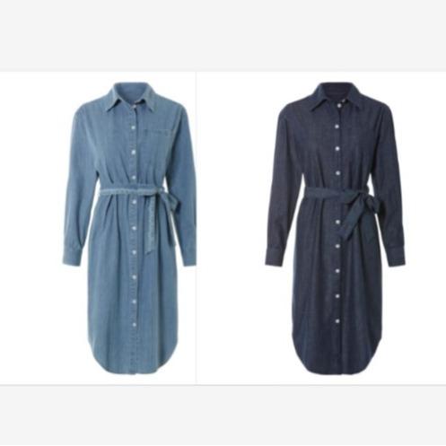 Denim Cotton Shirt Dress Button Pocket & Belt Long Sleeve Jeans Casual Womenswear Chic 2