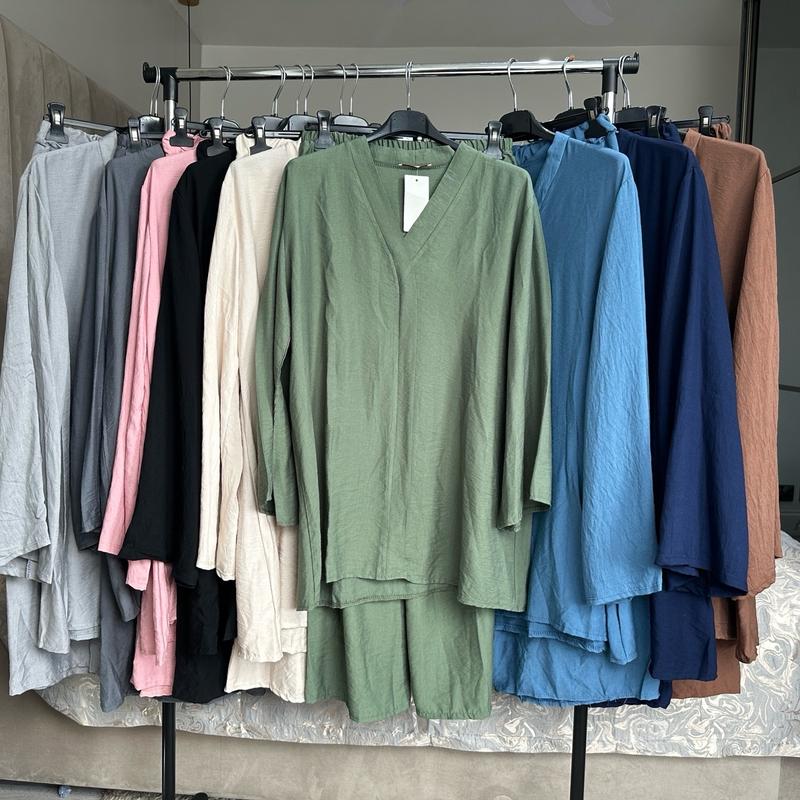 Linen Feel Comfortable Two-Piece Top and Trousers Set 5
