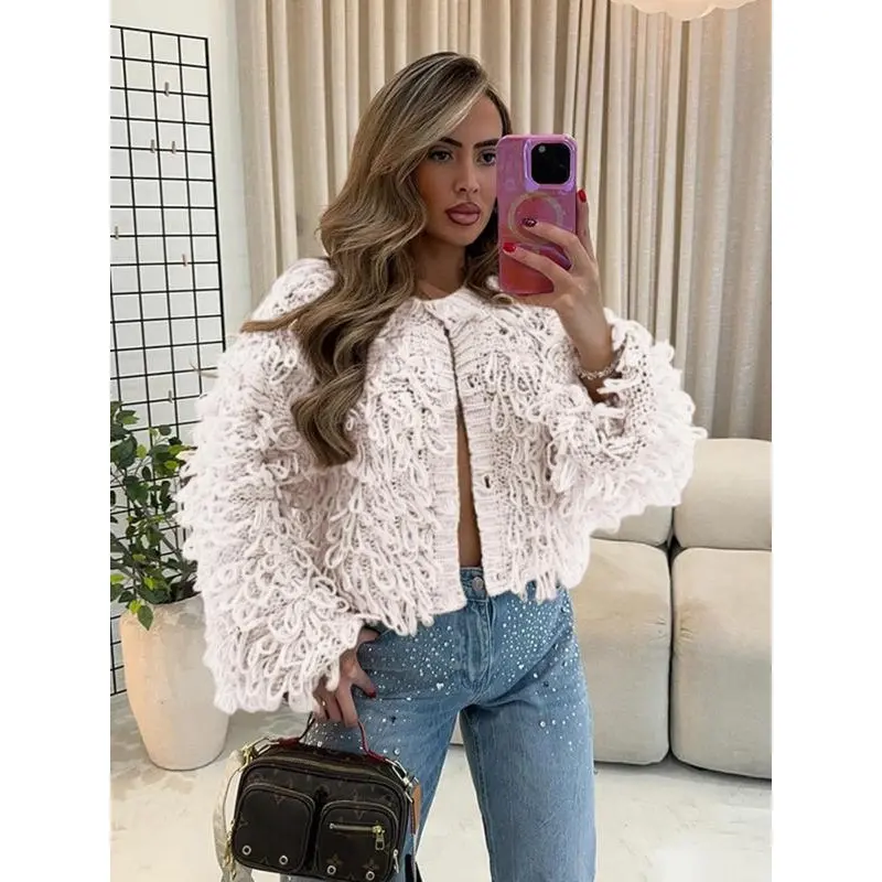 Women's Fringe Trim Button Front Cardigan, Casual Long Sleeve Round Neck Knitwear for Fall & Winter, Fashion Women's Knit Clothing for Daily Wear, Sassyclassyclothing