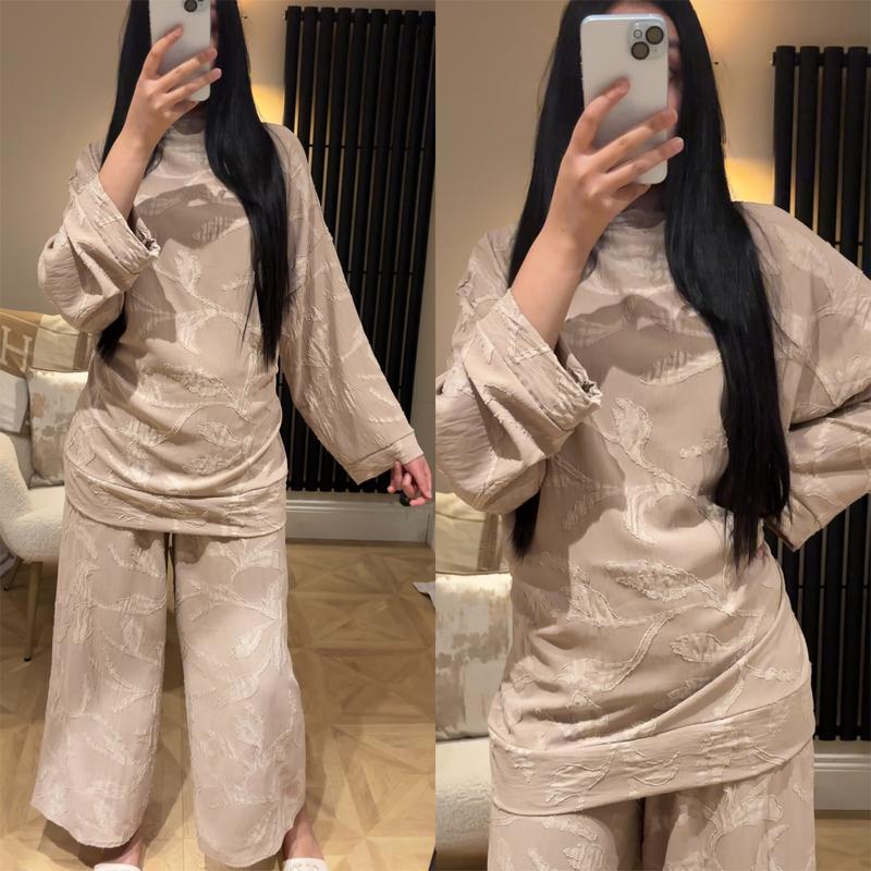 Product Introduction of Ladies Leaf Embroidered Two Piece Co-Ord Set Womens Floral Embossed Chic Elegance Crew Neck Top With Wide Leg Trousers Suit Womenswear Printed Modest Clothing Everyday Summer Vacation Wear Comfort Suit Long Sleeve 10