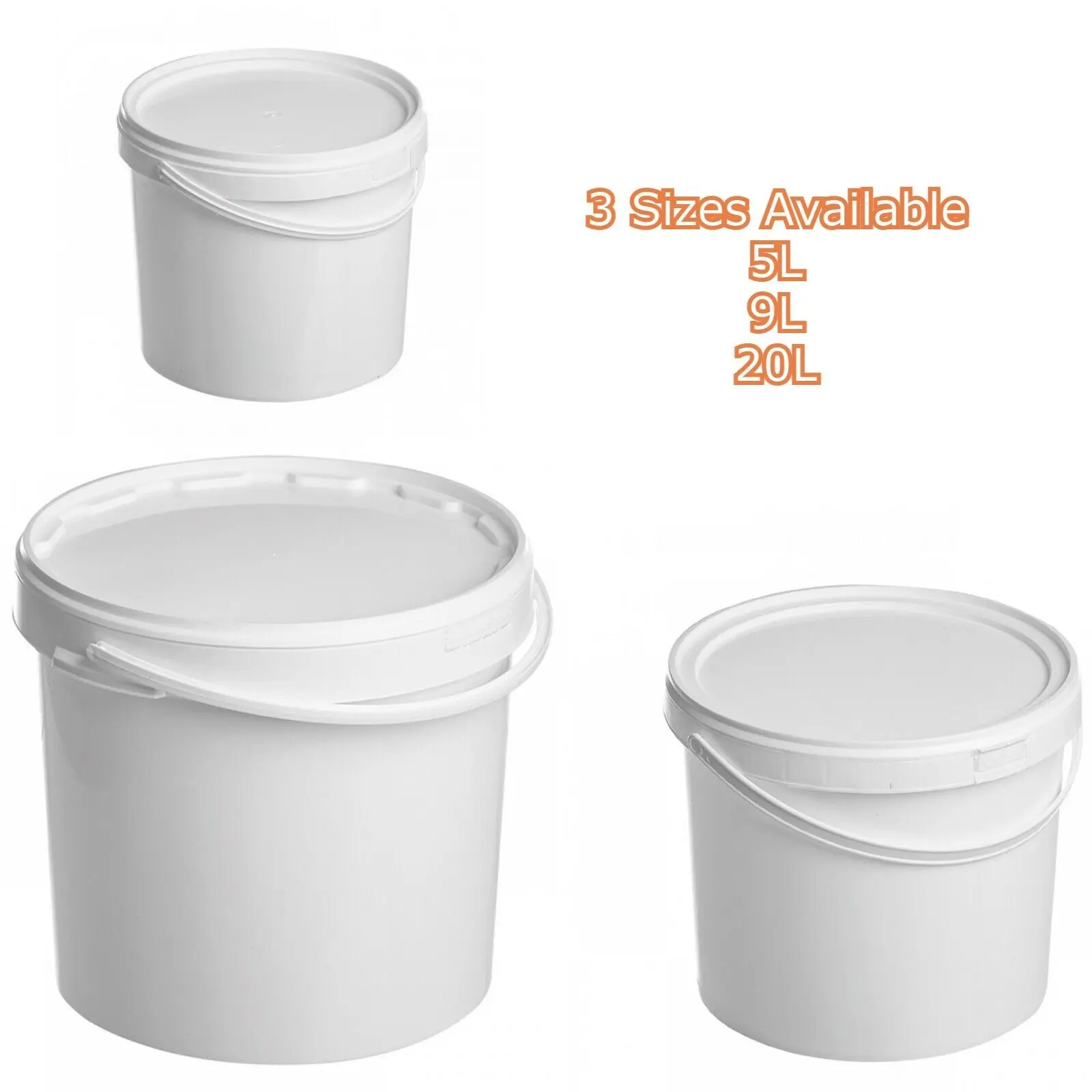 White Plastic Bucket Tub Storage Container with Lid and Handle 5L 9L 20L