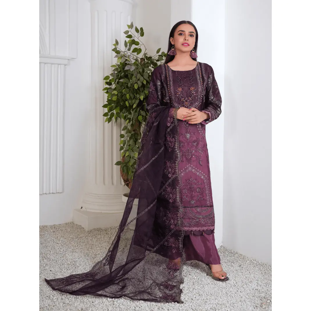 |PF-01| - 3 Piece Chiffon Embroidered Dress in Purple Color By Momina Designer Womenswear