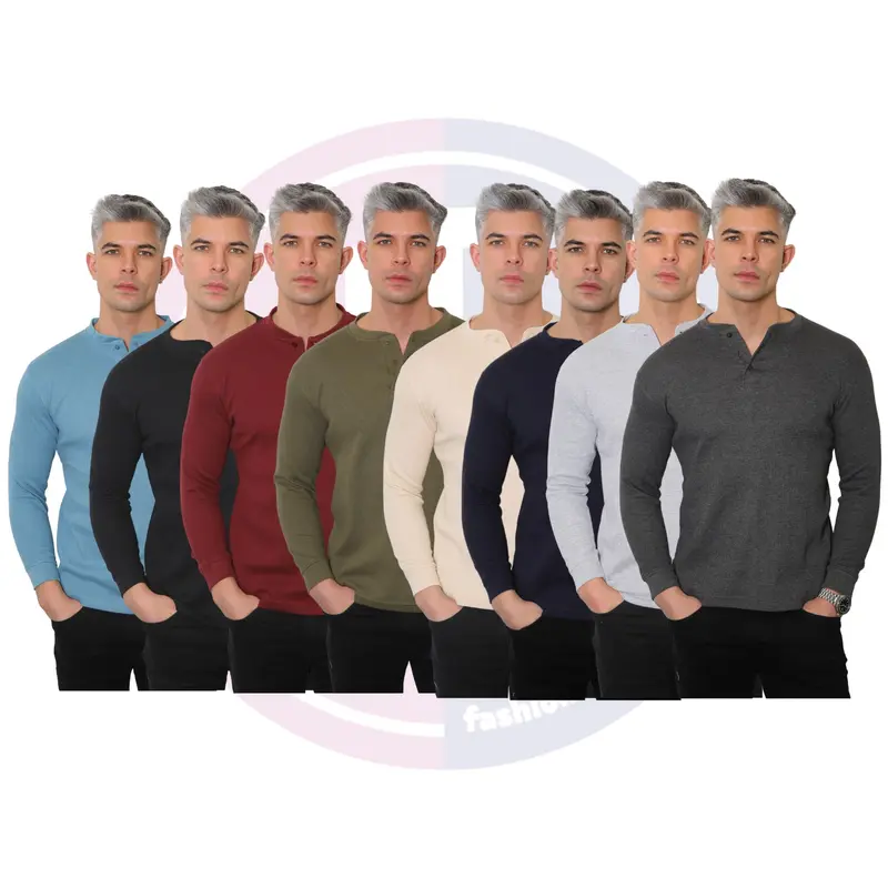 Mens Long Sleeve Henley Shirt Granded Neck Waffle Knit T-shirt Breathable and Comfortable Casual Top M - 3XL Plain Knitwear Jumper represent clothing Menswear Round Neck Grandpa Crewneck Knife Gamis Beige Biker Blue 8
