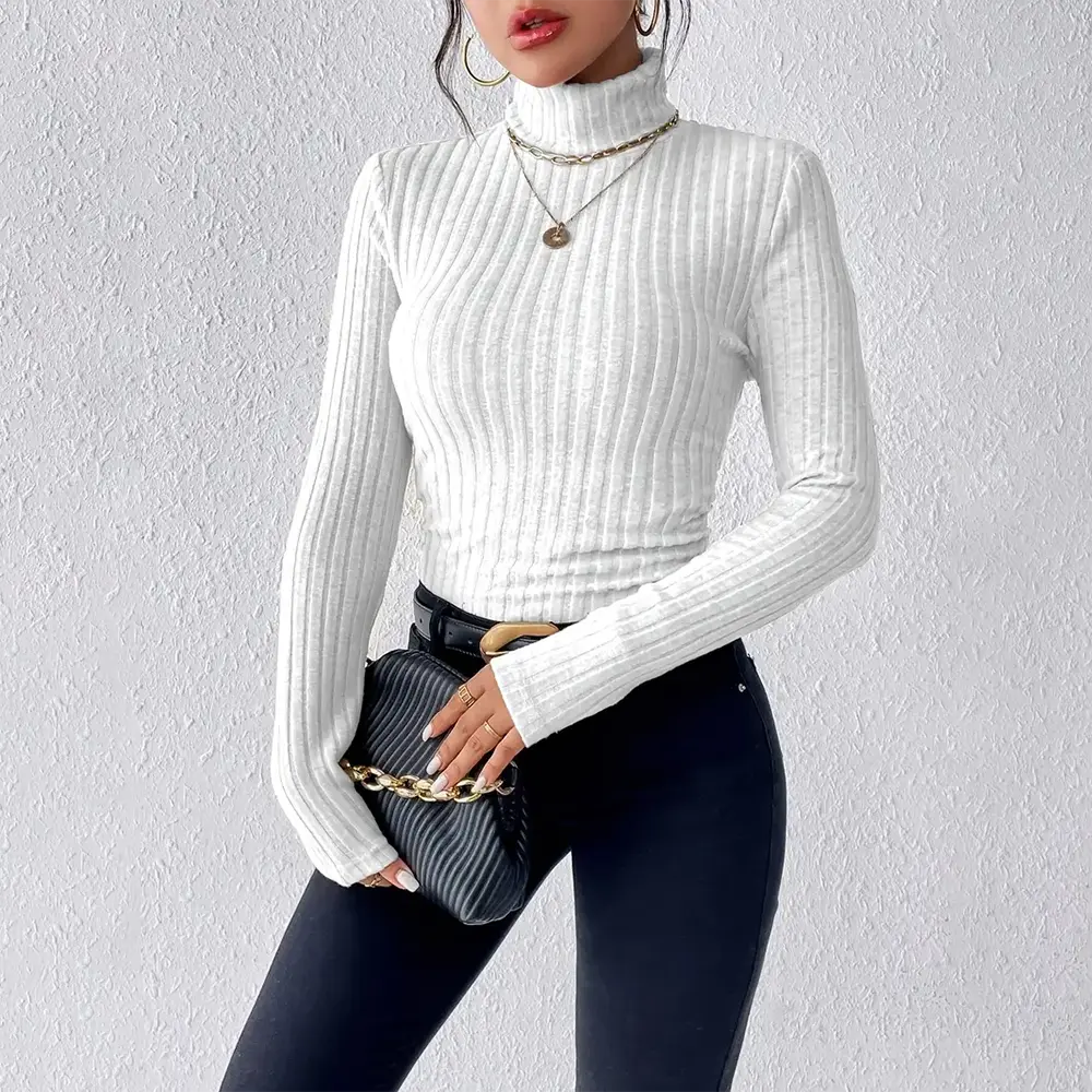 Turtle Neck Slim Sweater, Elegant Solid Color Long Sleeve Sweater For Fall Winter, Women's Clothing. Knitwear Womenswear Tops Longsleeves Comfort Knitting Basic Turtleneck Minimalist