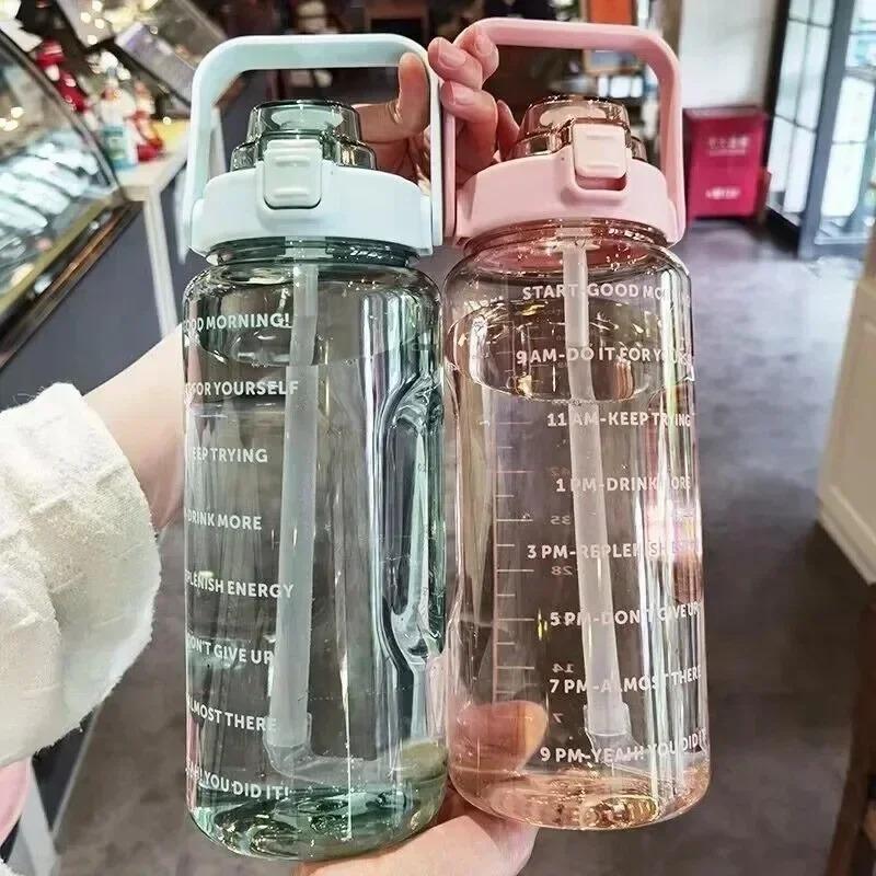 2L Portable Water Bottle Large Capacity Plastic Straw Water Cup Drink Bottle 0