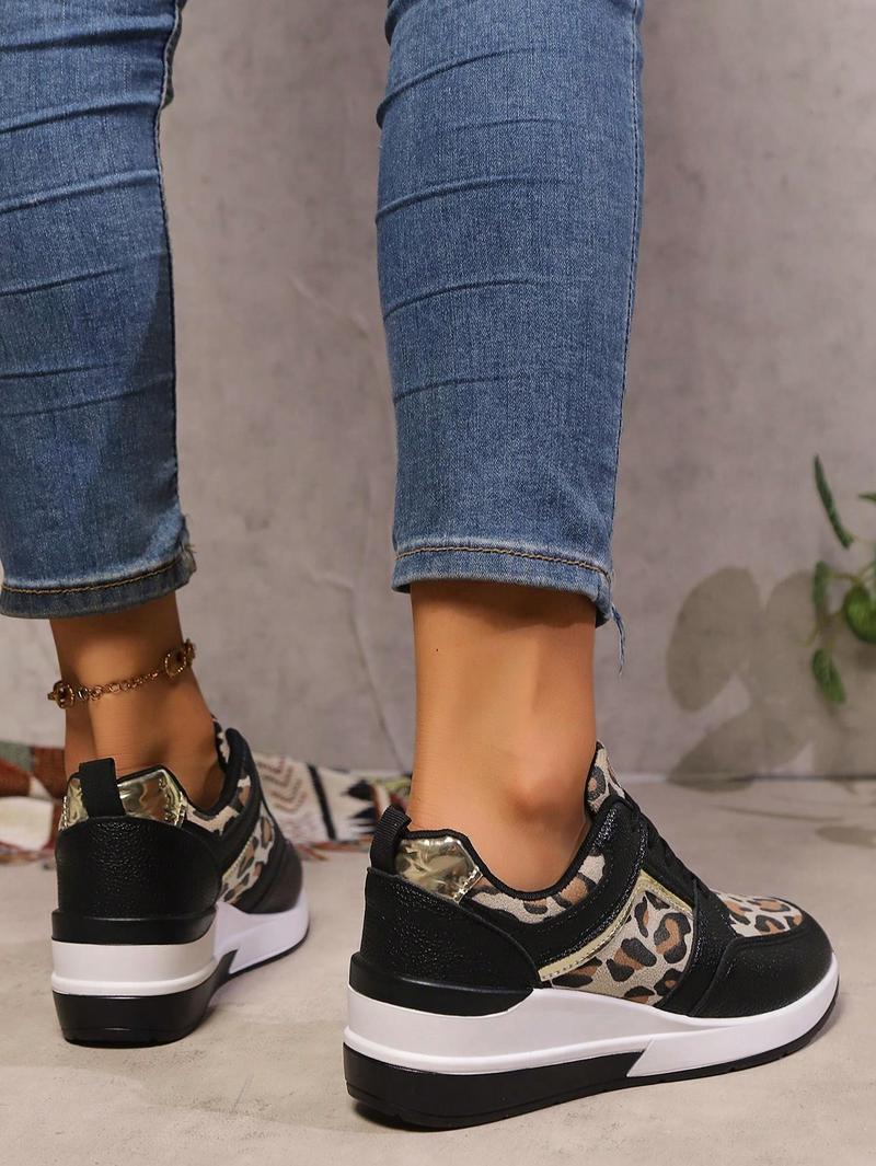 Product Introduction of Women's Wedge Platform Sneakers, Casual Non-Slip Lace-Up Leopard Print Sporty Shoes, Retro Mixed Color Comfy Low-Top Outdoor Leisure Fashion Sneakers, Shoes For Women Footwear Girl 16