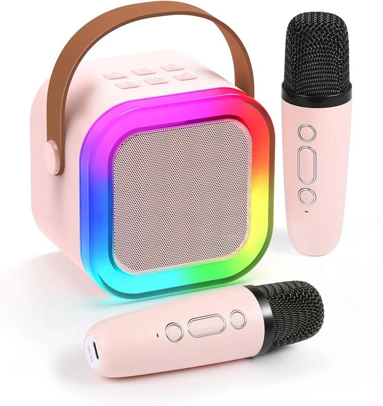 Portable Mini Bluetooth Wireless Karaoke Speaker with 2 Wireless Microphone Set ,Rechargeable HiFi Stereo Sound KTV Speaker, Mp3 Audio Adjustable RGB Colorful LED Light ,Musical Kids Toy, Birthday Gift for Boys and Girls, Valentine's Day Gift  , UK 2