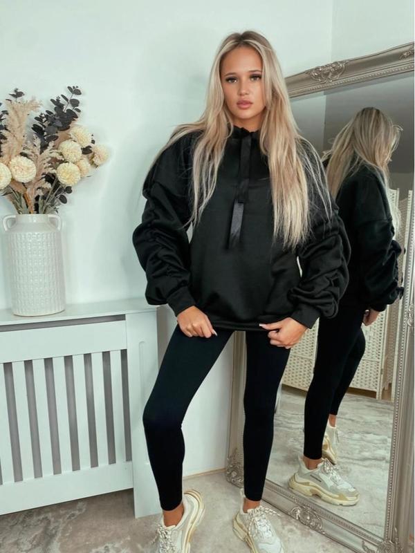STY Women's Ruched Sleeve Oversized Ladies Ribbon Hoodie Jumper top Casual Plain Soft Womenswear Drawstring Sweaters Style hoodies 6