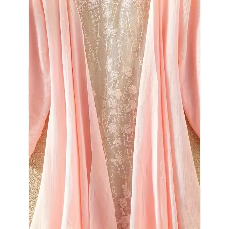 1pc, Women's Casual Style Cardigan, Mid-length Lace Stitching, Long Sleeves V Neck Sheer Cover Up Shirt, Beach Vacation 6
