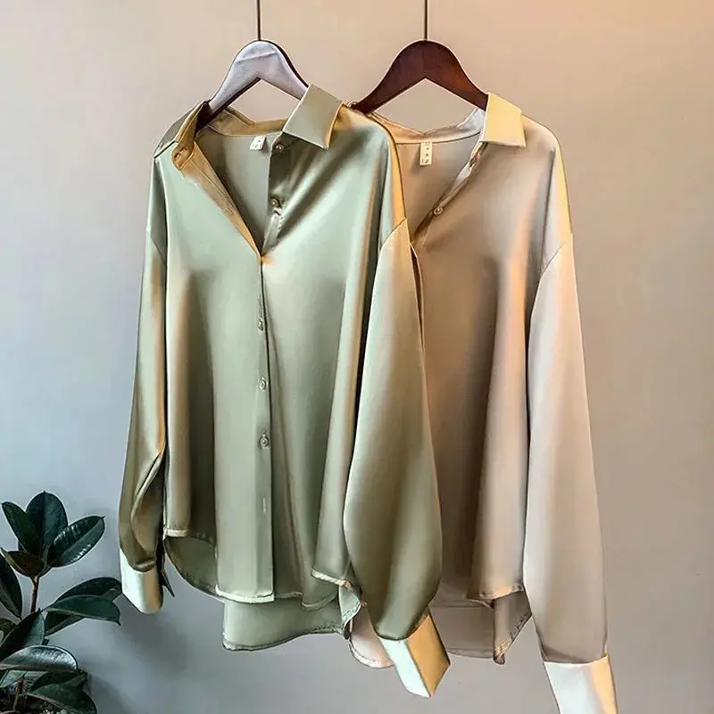 Women's Long Sleeved Satin Shirt 2024 Spring and Autumn New Fashion Drape Top Retro Style Lapel Button Casual Shirt