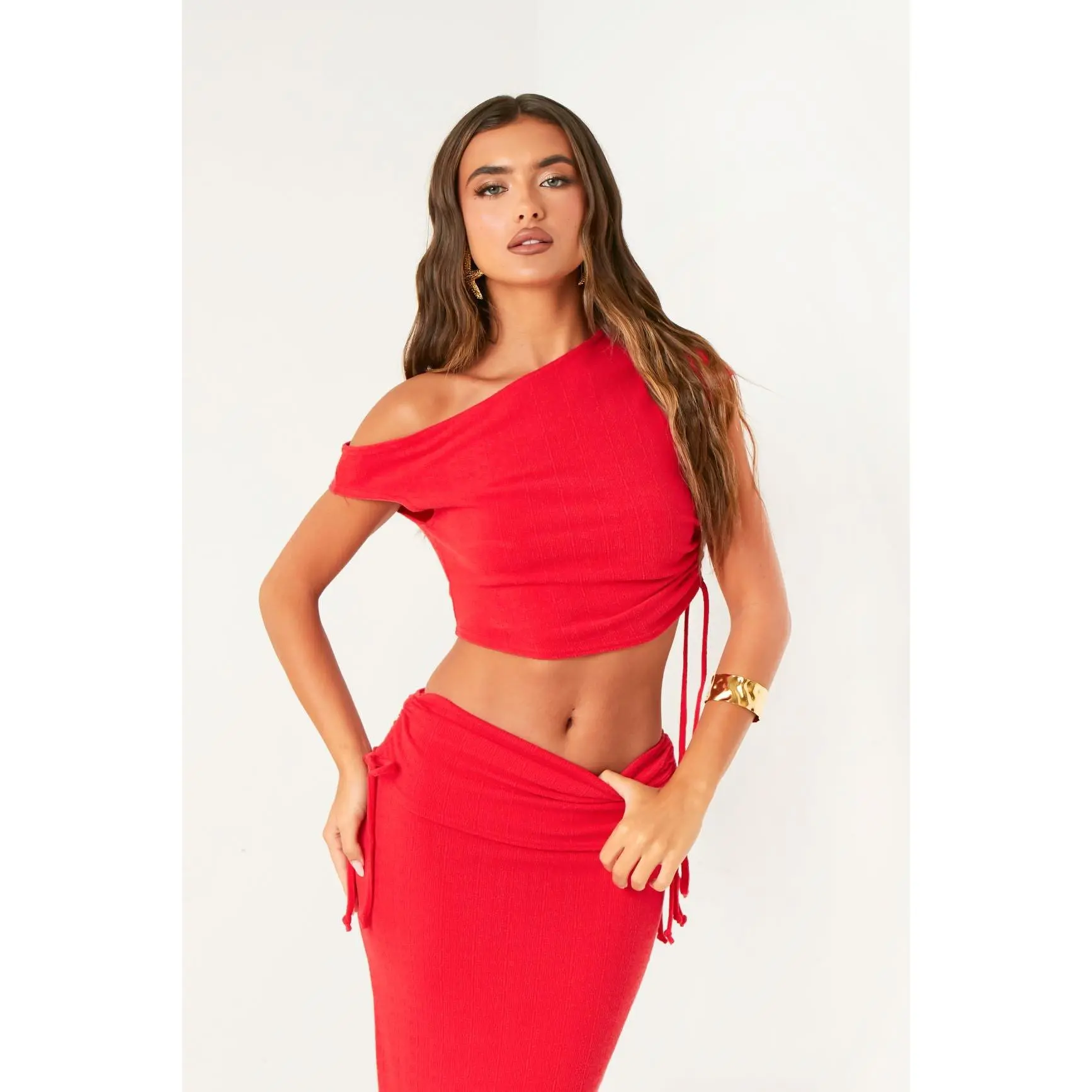 Darcy Red Off The Shoulder Ruched Crop Top