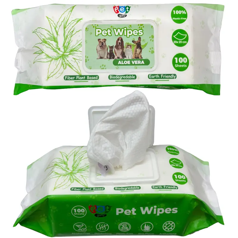 Pet Guru Dogs & Cats 100% Plastic Free Biodegradable Multi-Purpose Cleaning Pet Wipes Fiber Plant Based Alcohol Free Pet Dog Wipes 5