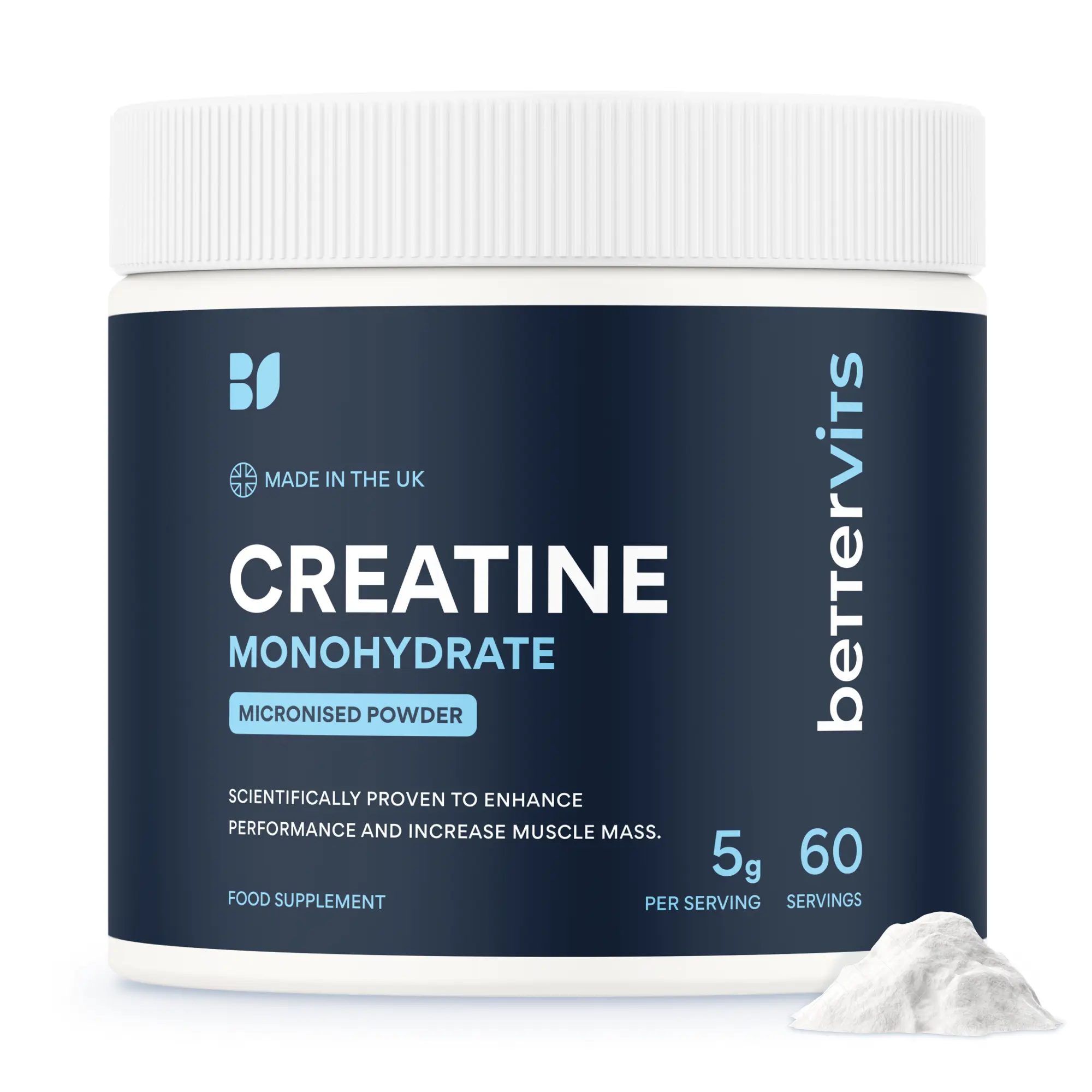 Bettervits Creatine Monohydrate Supplement – Micronized Powder | Pre & Post Workout | Muscle & Fitness Support | Unflavoured | 300g (60 Servings)