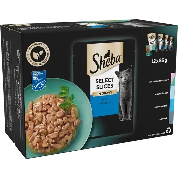 Sheba Select Slices Wet Cat Food Pouches for Adult Cats Fish Collection in Gravy 12 x 85 g