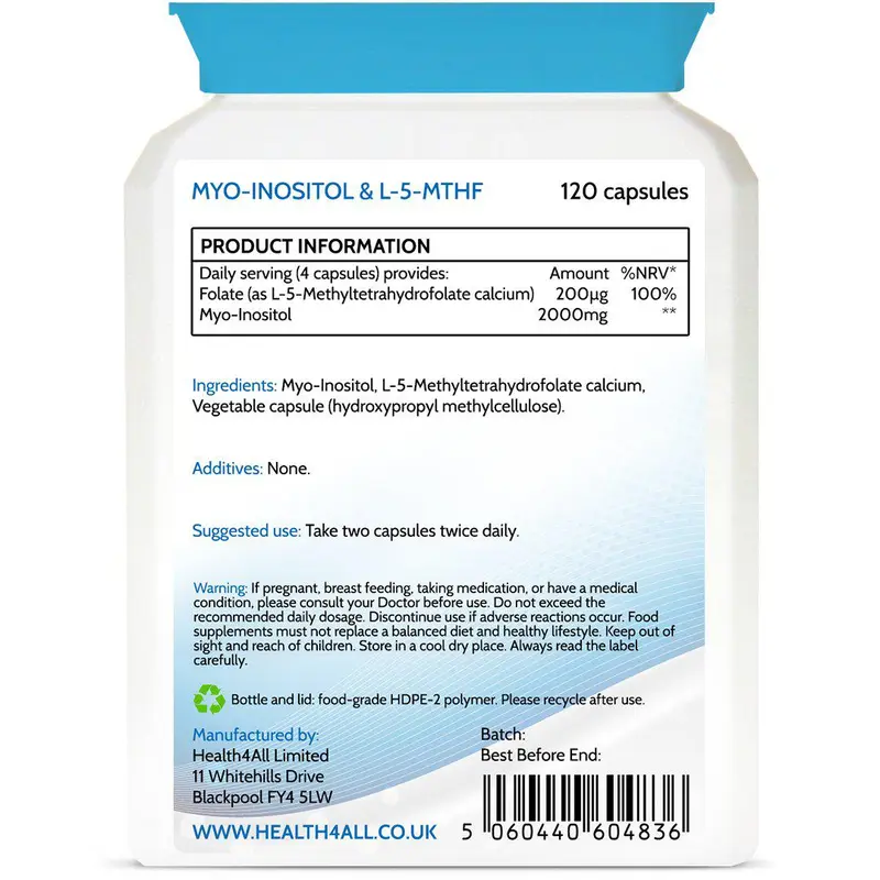 Health4All Myo-Inositol 500mg & L-5-MTHF Capsules - Natural Women's Health Support Supplement 2