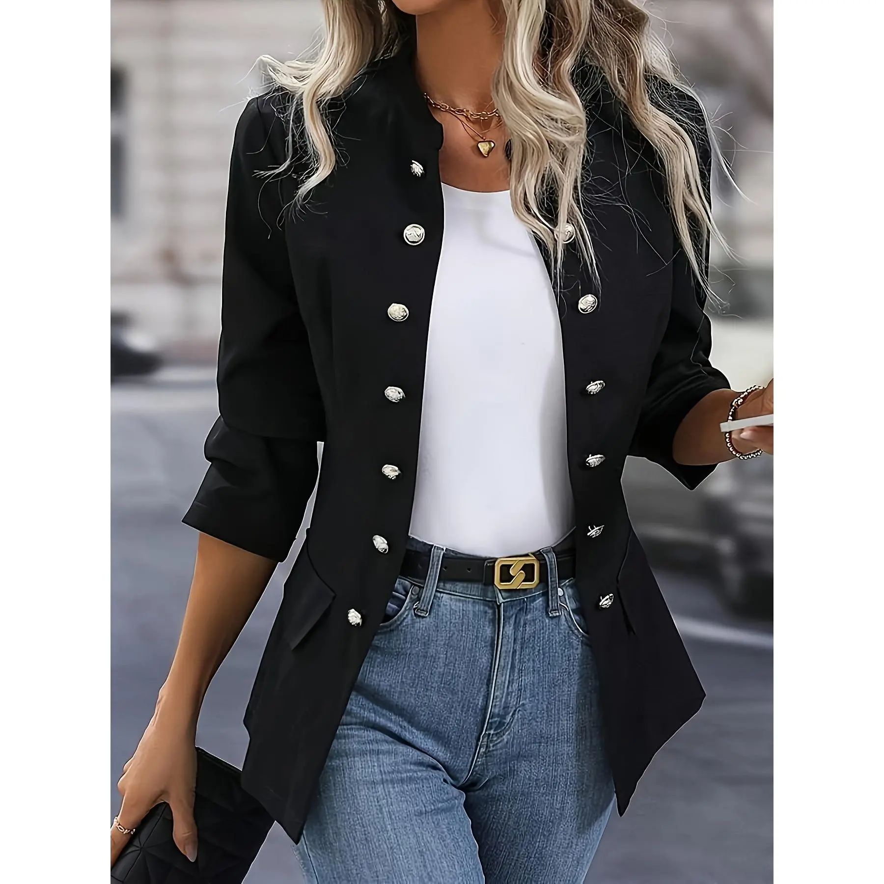 Solid Color Button Front Blazer, Elegant Long Sleeve Blazer For Office & Work, Women's Clothing Womenswear Coats