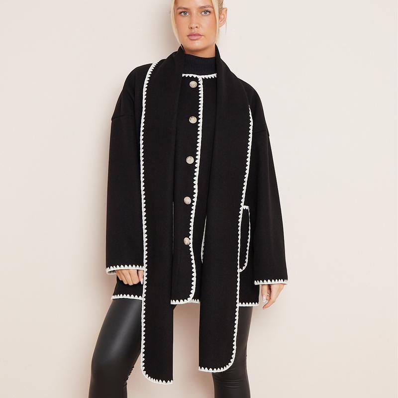 Women's Casual Tori Wool Like Contrast Trim Scollop Stitching Tailored Jacket Scarf Coat One Size UK 8 - 14 4