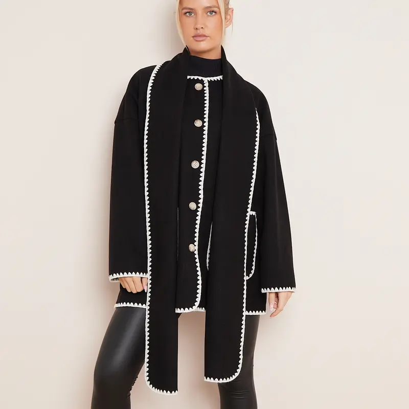 Women's Casual Tori Wool Like Contrast Trim Scollop Stitching Tailored Jacket Scarf Coat One Size UK 8 - 14 4