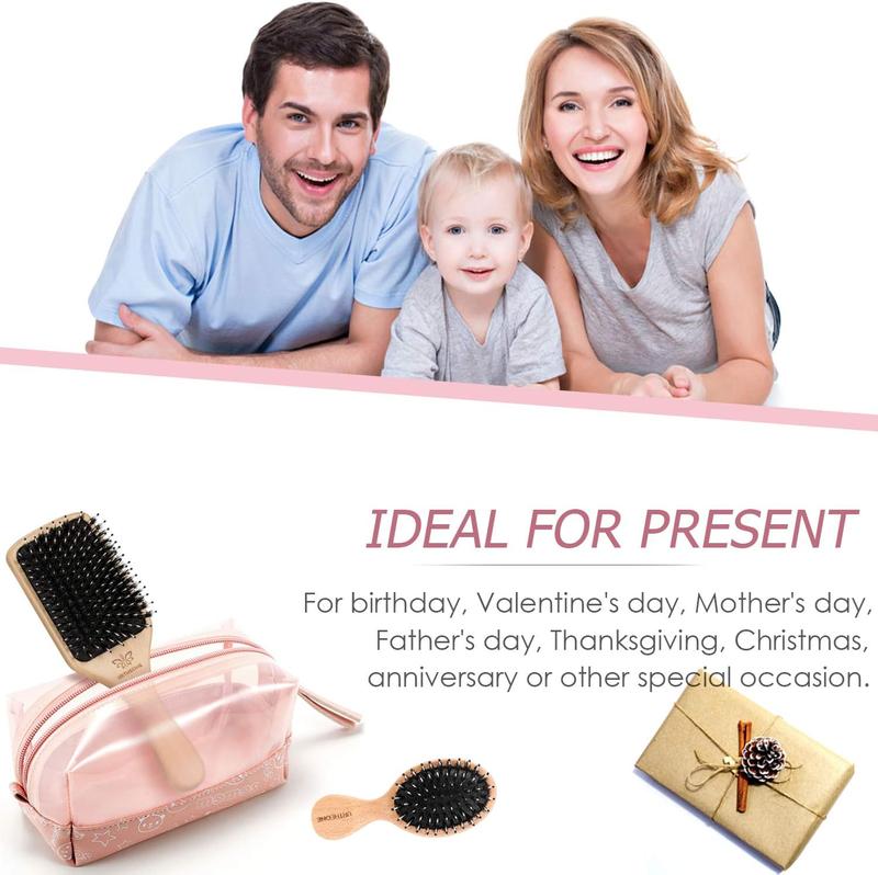 Boar Bristle Hair Brush and Comb Set for Women Men Kids, Best Natural Wooden Paddle Hairbrush and Small Travel Styling Brush for Wet or Dry Hair Detangling Smoothing Massaging 6