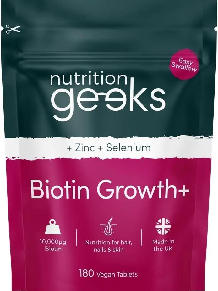 Nutrition Geeks Biotin Hair Growth Supplement - 180 Tablets Enhanced with Zinc & Selenium, Hair Vitamins Complex - Biotin 10000 mcg - Vegan, Hair Skin... magnesium  glycinate  3  1 guanfacine  natural  supplement Healthcare Fitness Dietary Edible Beauty