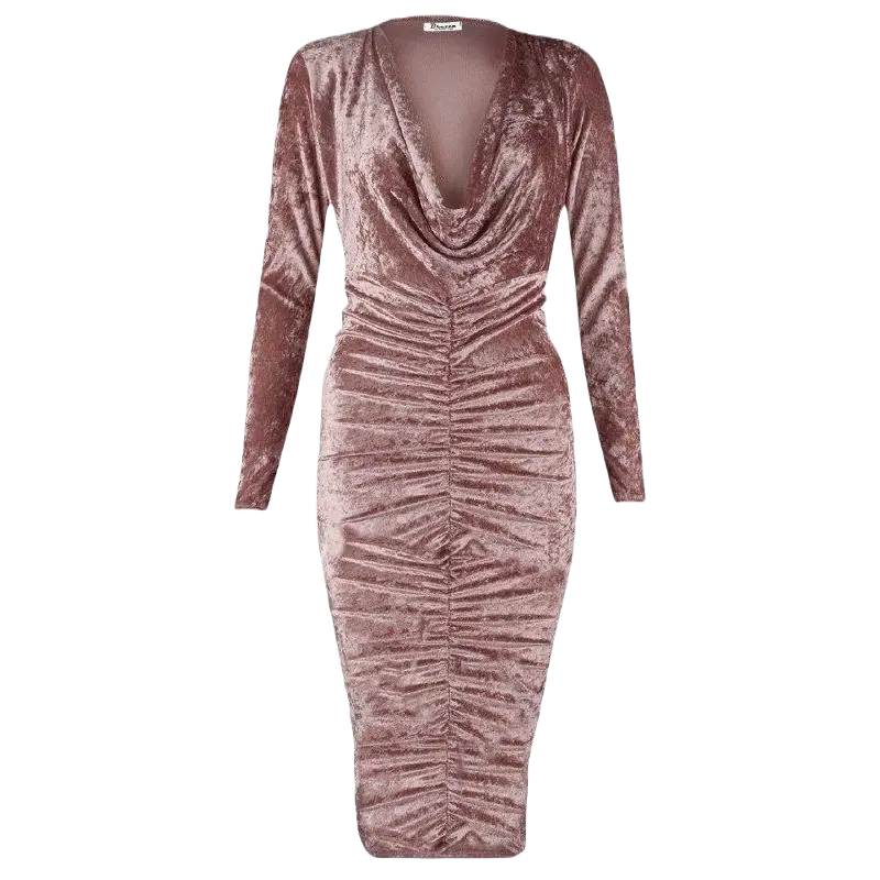 Women’s Bodycon Midi Dress Ladies Velvet Ruched Party Dresses Long Sleeve Cowl Neck Womens Event And Club Wear Plus Size UK 8-26 Formal Comfort Womenswear Fit Chic Formal Wear Elegance Elegant 4