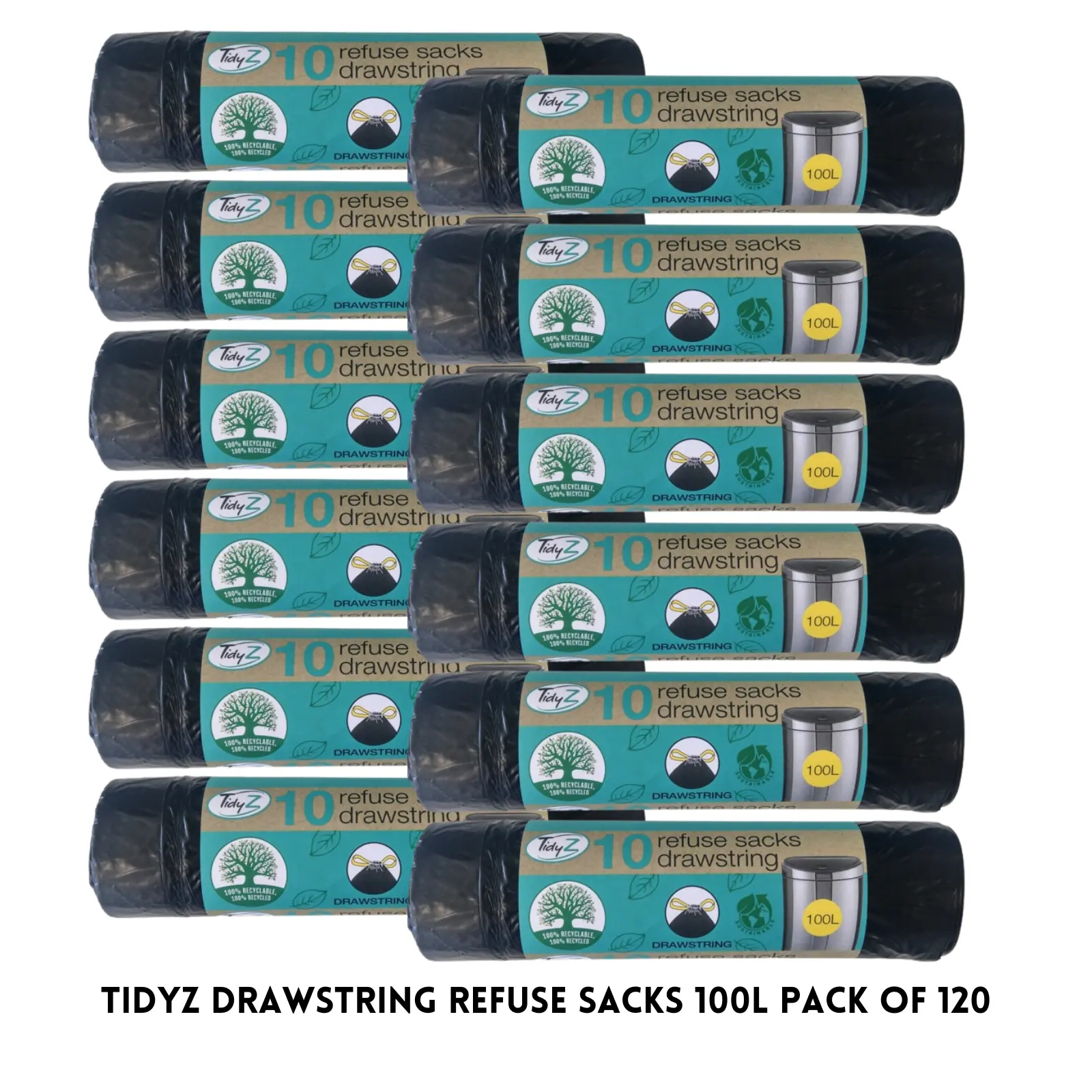 Tidyz Super Strong Drawstring Refuse Sacks Black Bin Liners 100L-120 Bin Liners Pack Plastic