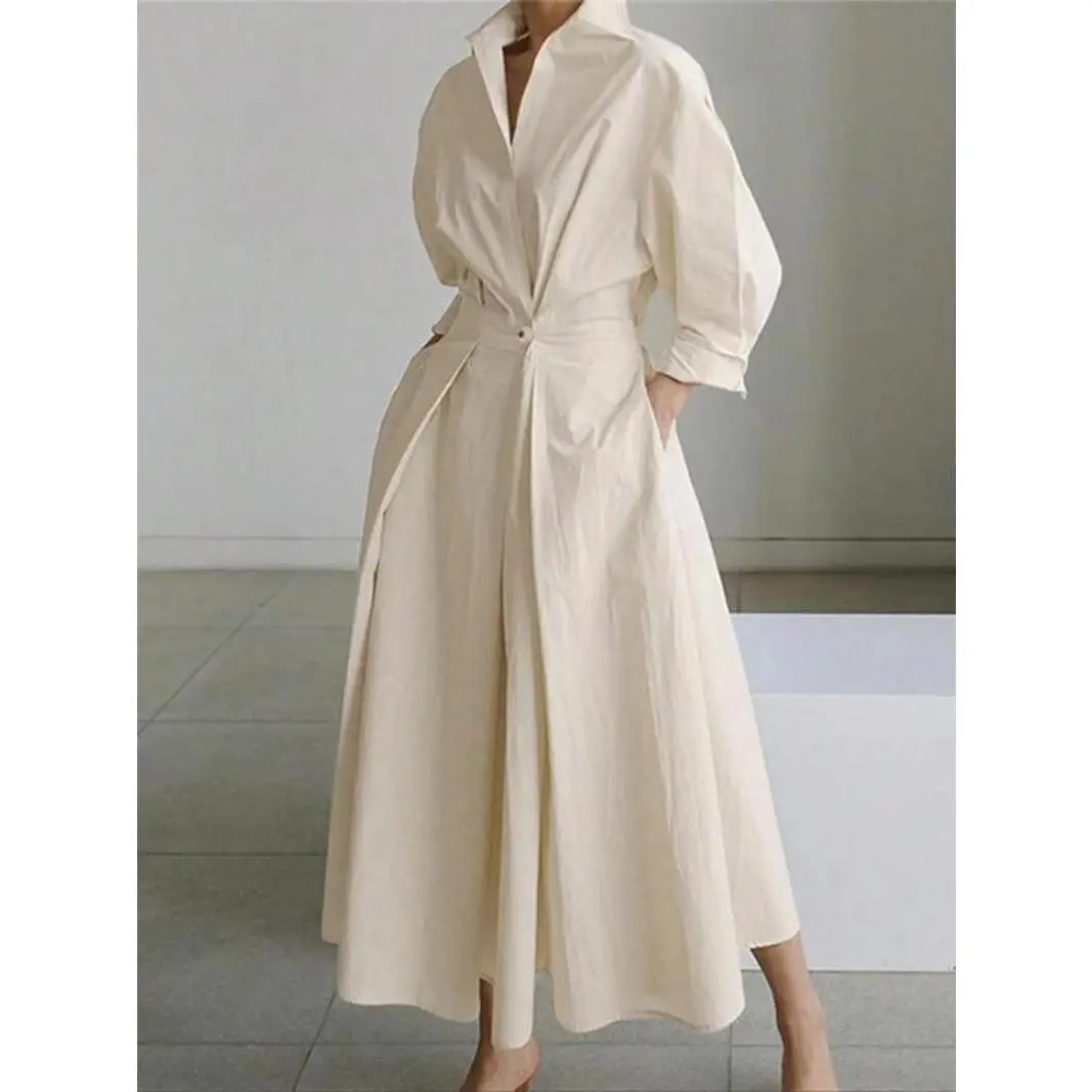 2025 Trendy, Women's Plain Plicated Button Front Wrap A Line Dress, Casual Tie Inside Collared Long Dress for Spring & Fall, Women's Clothing for Daily Wear, Dresses for Women
