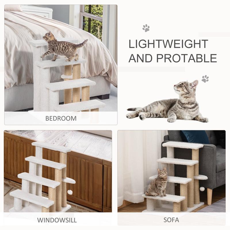 PawHut Pet Stair with 4-step Climb Ladder, Scratching Posts, Platforms, Toy Ball, for Indoor Elderly Cats Kittens, White 6