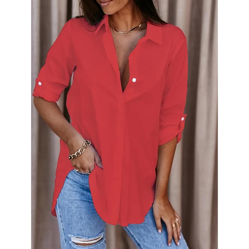 Solid Button Front Shirt, Casual Turn Down Collar Office Work Shirt, Women's Clothing 4