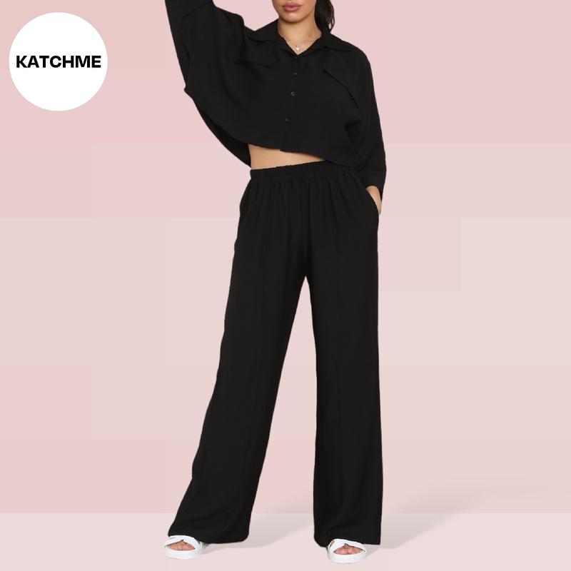 KatchMe Women's Versatile Long Sleeve Button Crop Top & Elastic Waist Pocket Trousers Co-ord,Lady Two-Piece Outfit for Womenswear,Plain Co-ord Set 5