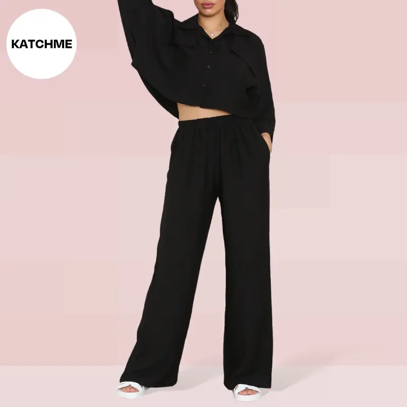 KatchMe Women's Versatile Long Sleeve Button Crop Top & Elastic Waist Pocket Trousers Co-ord,Lady Two-Piece Outfit for Womenswear,Plain Co-ord Set 5