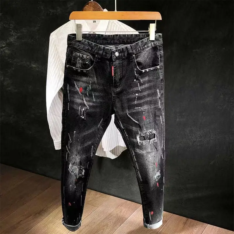New  Autumn Korean Style Work Ripped Hole Black Cowboy Hip Hop Dotting Ink Slim Jeans Men's Luxury Denim Pants for Men