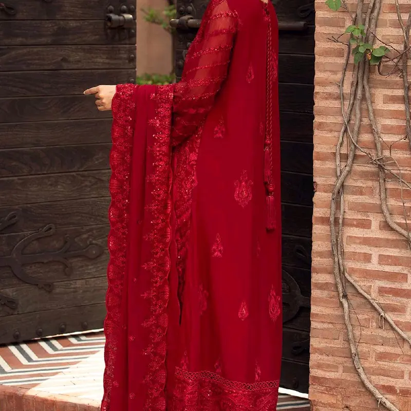FARASHA RED CRIMSON CHIFFON SUIT PAIRED WITH CAPRI TROUSERS EMBROIDERY CHIFFON DUPATTA 1