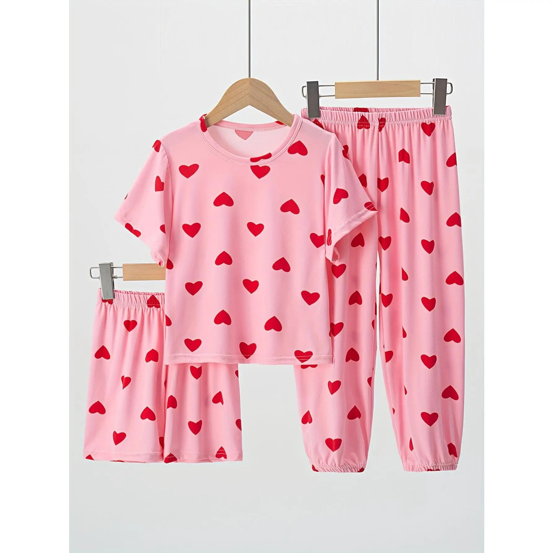 Girls' 3pcs Flame-Resistant Pajama Set - Pink Heart Print, Short Sleeve Top + Shorts + Long Pants Combo for Spring/Summer/Fall - Breathable & Lightweight Loungewear for Youngsters Ages 4-13, BAIOUNIAO