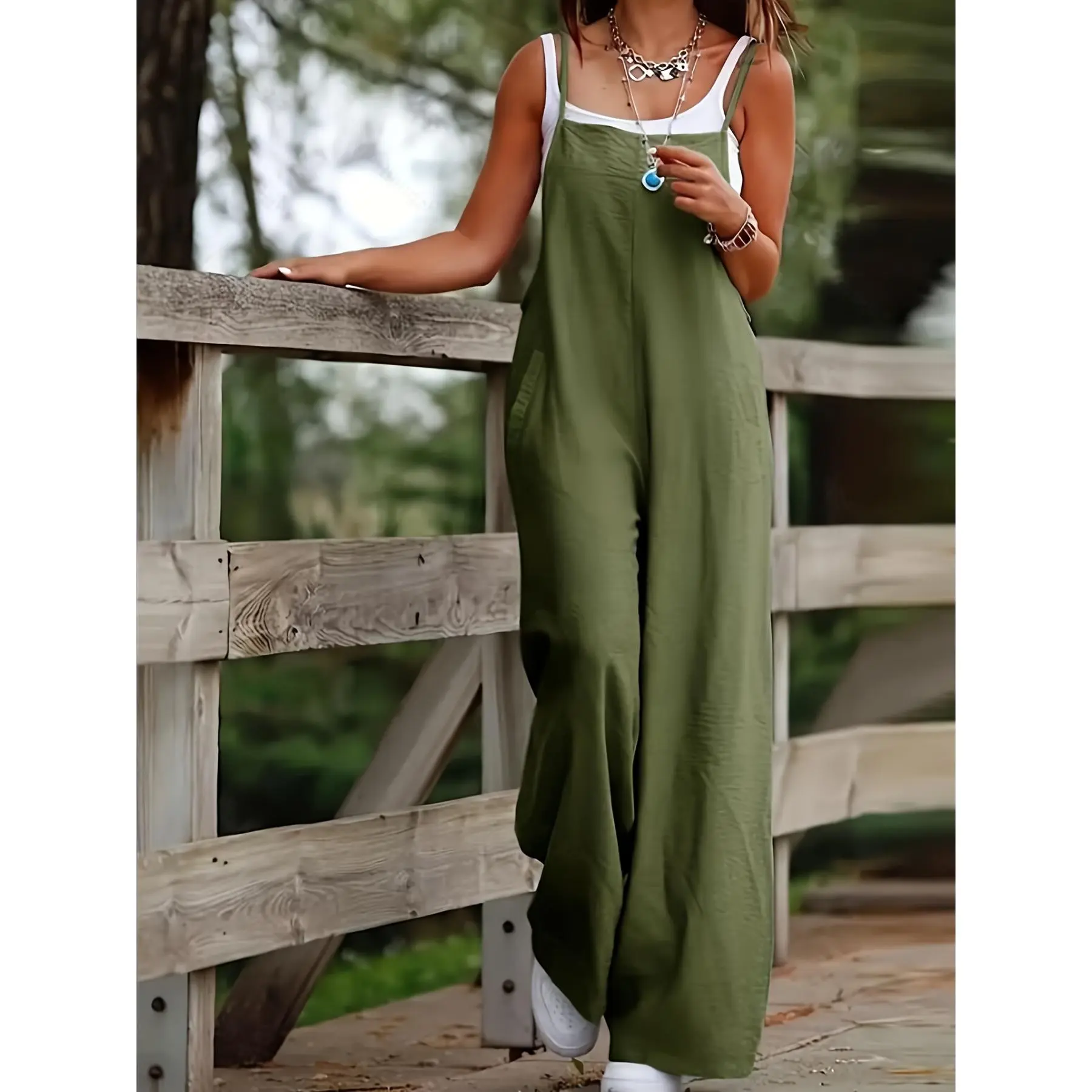 Solid-Colored Wide Leg Jumpsuit - Adjustable Spaghetti Strap, Sleeveless, Convenient Pockets, Versatile Style - Perfect for Womens Casual Daily Wear