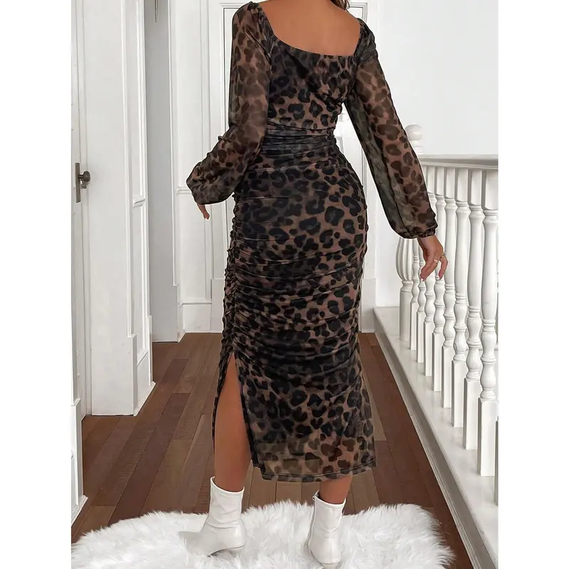Maternity Fashionable Leopard Print Lantern Sleeve Ruched Bodycon Dress, Autumn 1