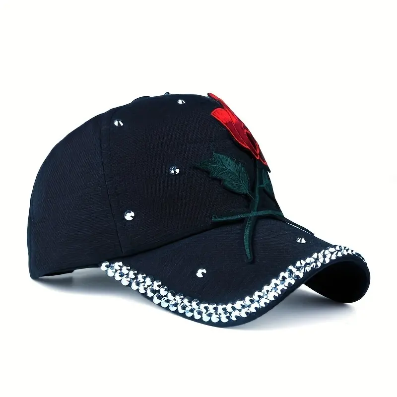 Red Rose Patch Baseball Cap Rhinestone Decor Y2K Sports Hat Lightweight Adjustable Dad Hats 1