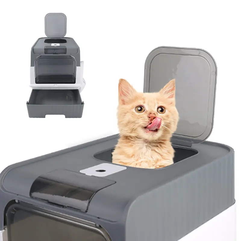 Large Cat Litter Box Anti-Splashing Cat Potty Tray Self Cleaning Pan Drawer - Grey 0