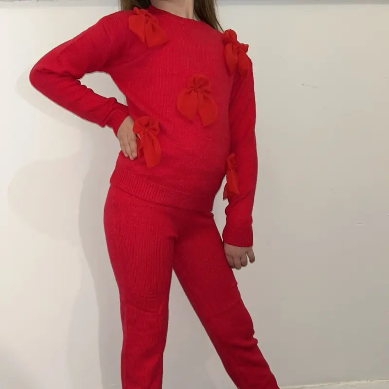 Red Bow Lounge Set for Girls Knitted with Comfort in Mind - girls