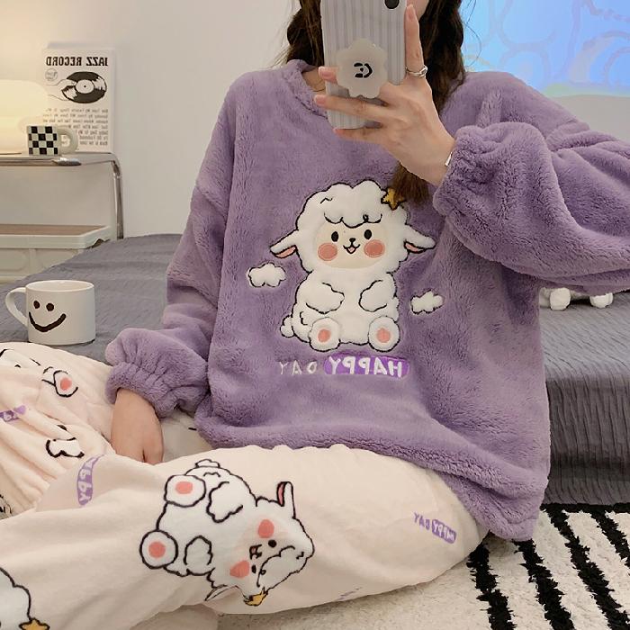 Autumn Winter Warm Flannel Women's Pajamas Set Long-sleeved Trousers Two-piece Set Cute Soft Home Wear Clothes for Women 1