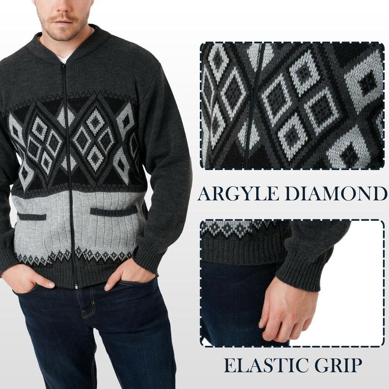 Men's Classic Argyle Diamond Pattern Full Zip Closure Ribbed Hem & Cuffs Cardigan - Warm Winter Long Sleeves Knitwear Grandad Sweater Casual Jumper Menswear Tops 1