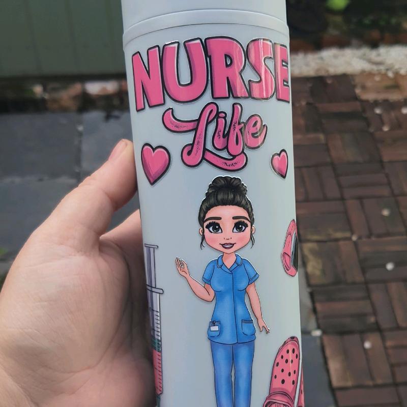 Nurse Life 16oz Skinny Tumbler Bottle Drinkware Water Bottles Portable Washable Cup Reusable 37 colours to choose from, doubled walled, hot or cold drinks, straw and lid included, custom dolly, skin tone, hair colour and eye colour, crocs, hearts 1