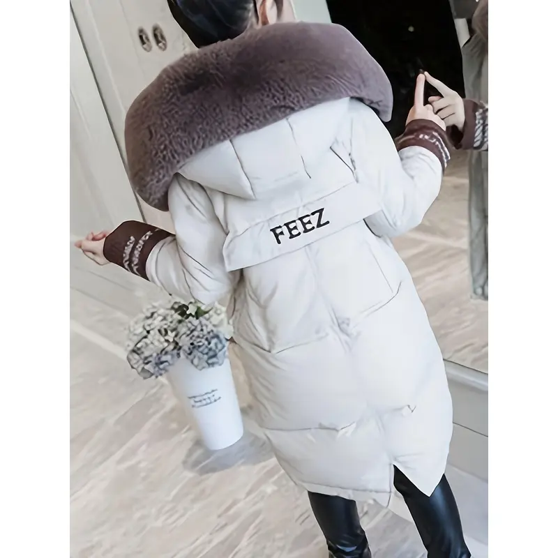 Girls Trendy Furry Hooded Collar Long Polyester-Padded Jacket, Mid-length Kids Winter Clothes 3