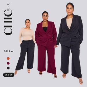 ChicHero Women Double Breasted Long Sleeve Blazer and Elastic Waist Wide Leg Trousers With Pocket