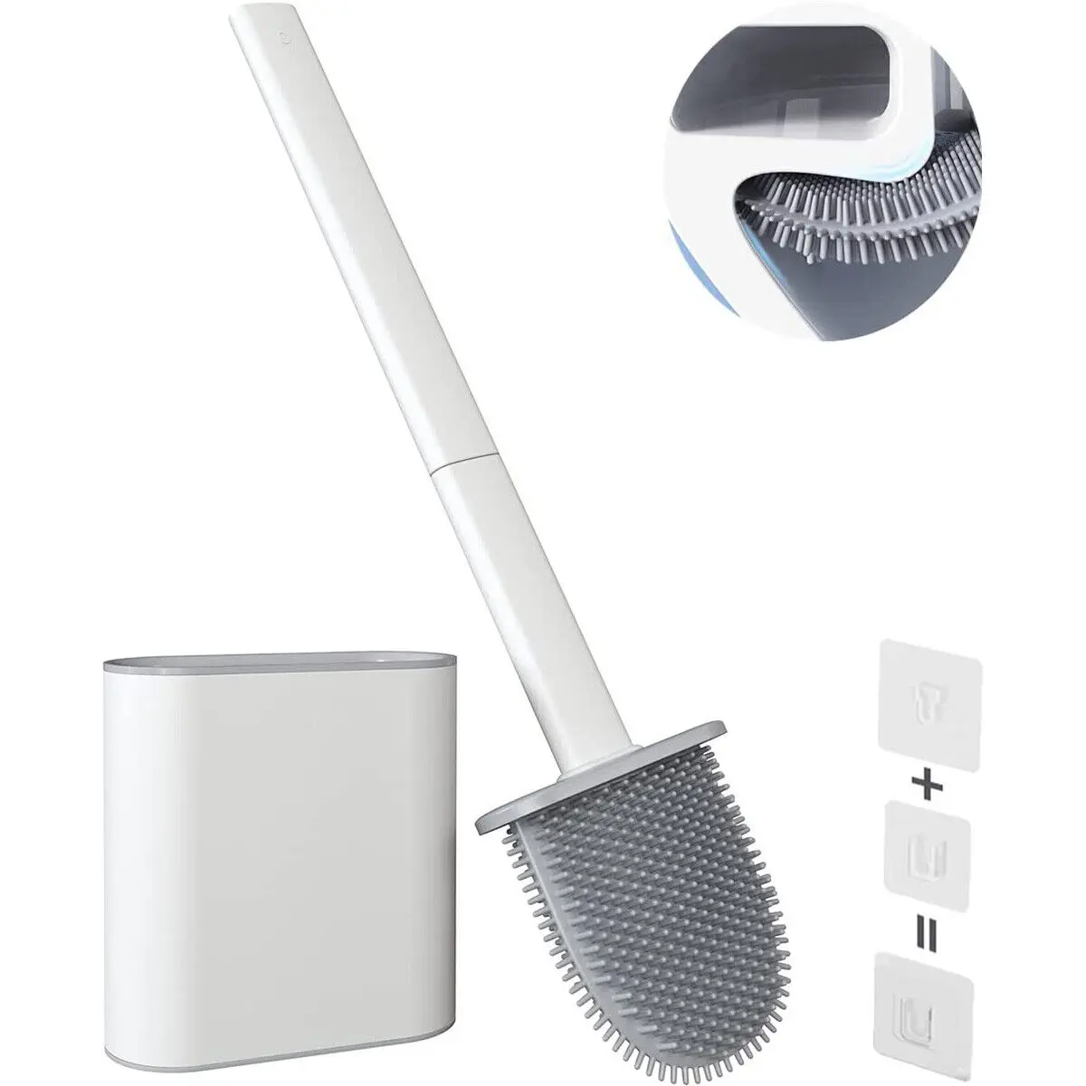 Toilet Brush,  Bathroom Silicone Toilet Brushes and Holder Sets with Holders and Base for Anti-Drip, Wall Mounted Toilet Brush with No-Slip Long Plastic Handle and Soft Flexible Bristles Grey