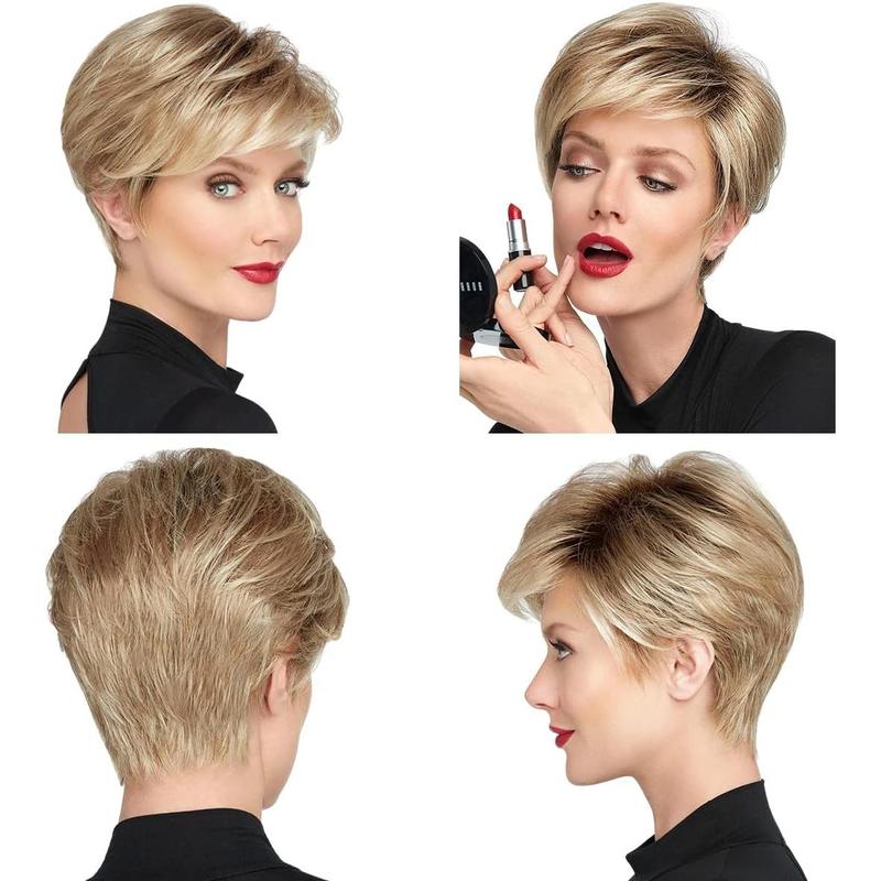 Blonde Pixie Cut Wigs for Women Fluffy Layer Lowlight With Root Stretch Synthetic Hair Pixie Wig with Bangs for Women Replacement Wig Daily Wear(Ash Blonde) 6