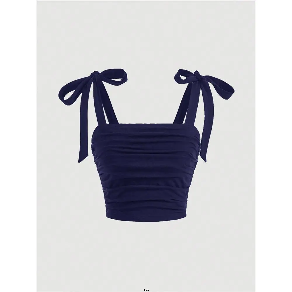 Top Tie Tie Summer Black Mod Tiktok Bow Summer Summer Shoulder Ruched Broadband