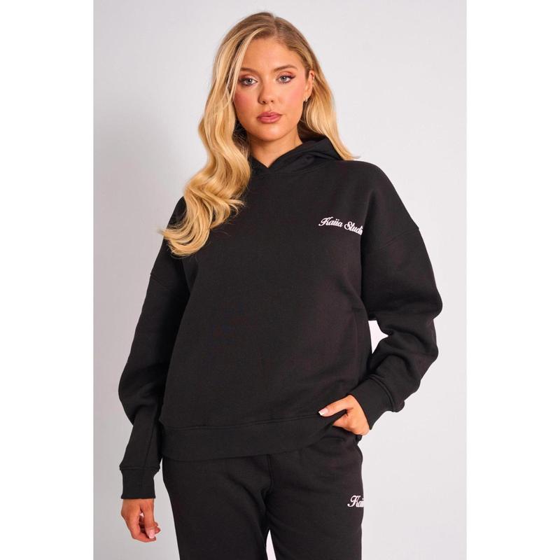 Kaiia Cherry Bow Graphic Oversized Hoodie Black & Pink 1