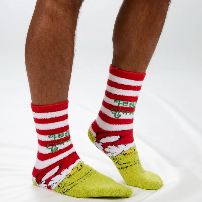 THE GRINCH Mens Christmas Grinch Socks Cosy Fluffy Winter Xmas Bed Socks Non Slip Anti Skid Grippers Green Santa Claus TikTok Shop Grinch Accessories UK 6-11  Underwear Menswear 3