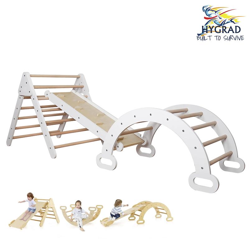 Pikler Triangle Climber Set of 3, Toddler Climbing Toys Indoor Folding with Ramp & Arch & Mat & Wooden Puzzle, Wooden Montessori Play Gym for Toddlers and Kids HYGRAD® 1